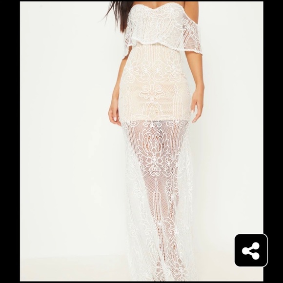 White Lace Bardot Fishtail Maxi Dress - Picture 1 of 4